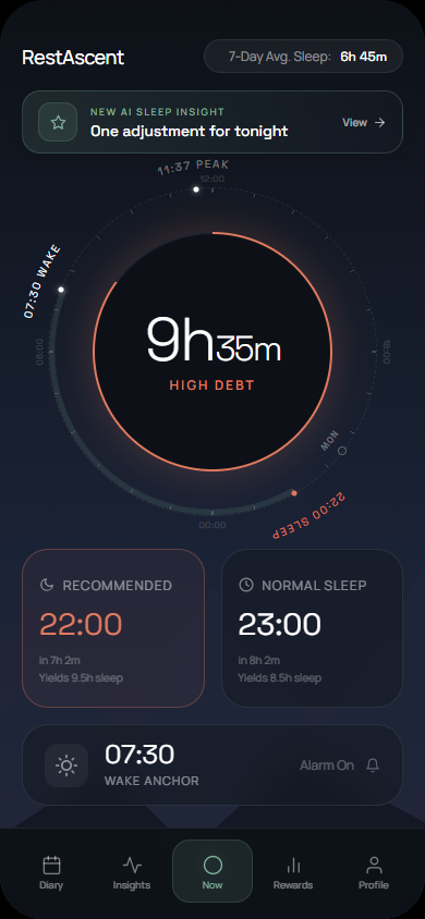 RestAscent Now screen showing the Sleep Debt Clock, circadian timing, and tonight's recommended sleep window
